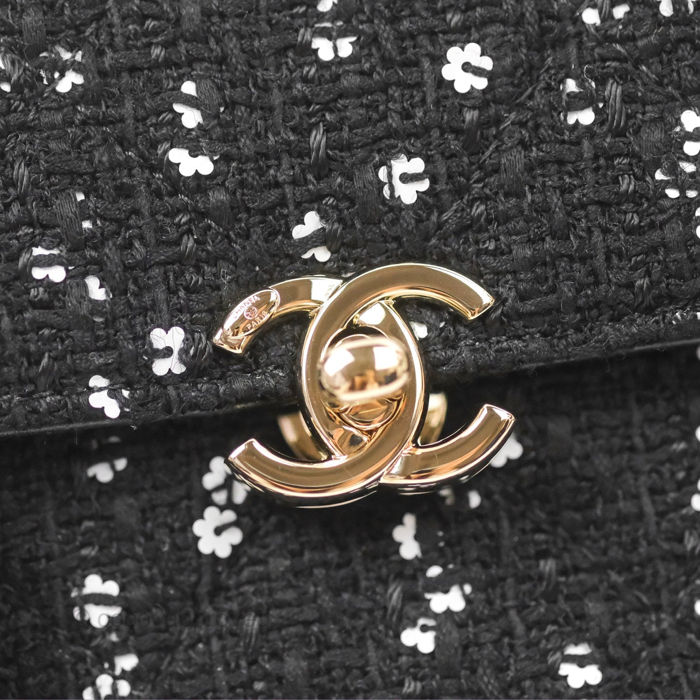 Chanel Small Top Handle Box Bag Black Tweed Sequins Gold Hardware 23K