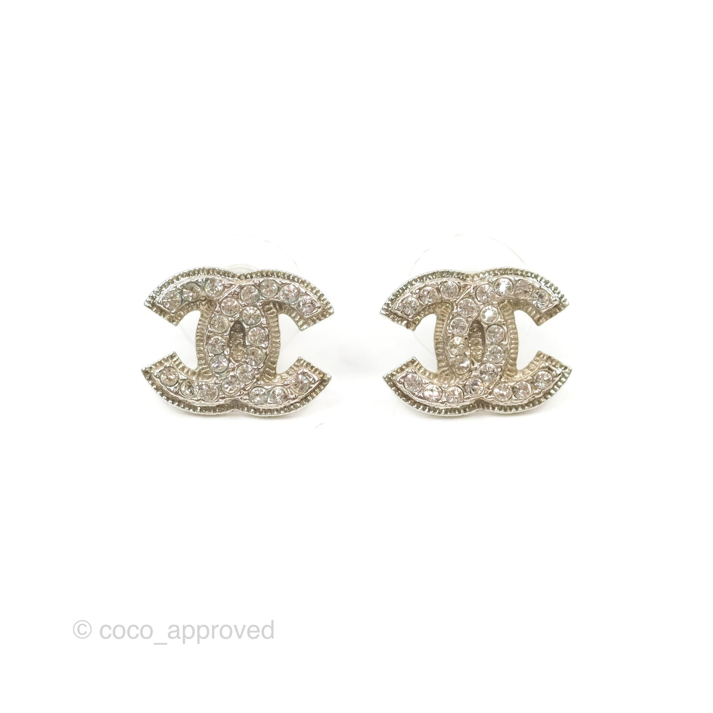 Chanel Crystal CC Earrings Silver Tone