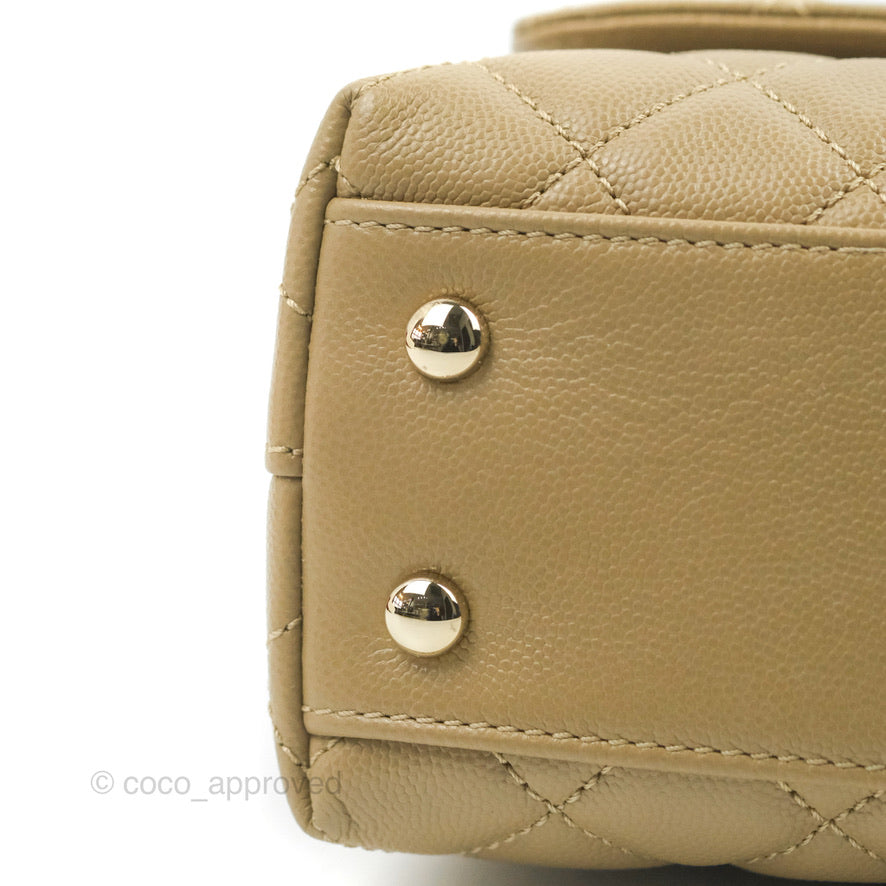 Chanel Small Coco Handle Quilted Dark Beige Caviar Gold Hardware Lizard Handle