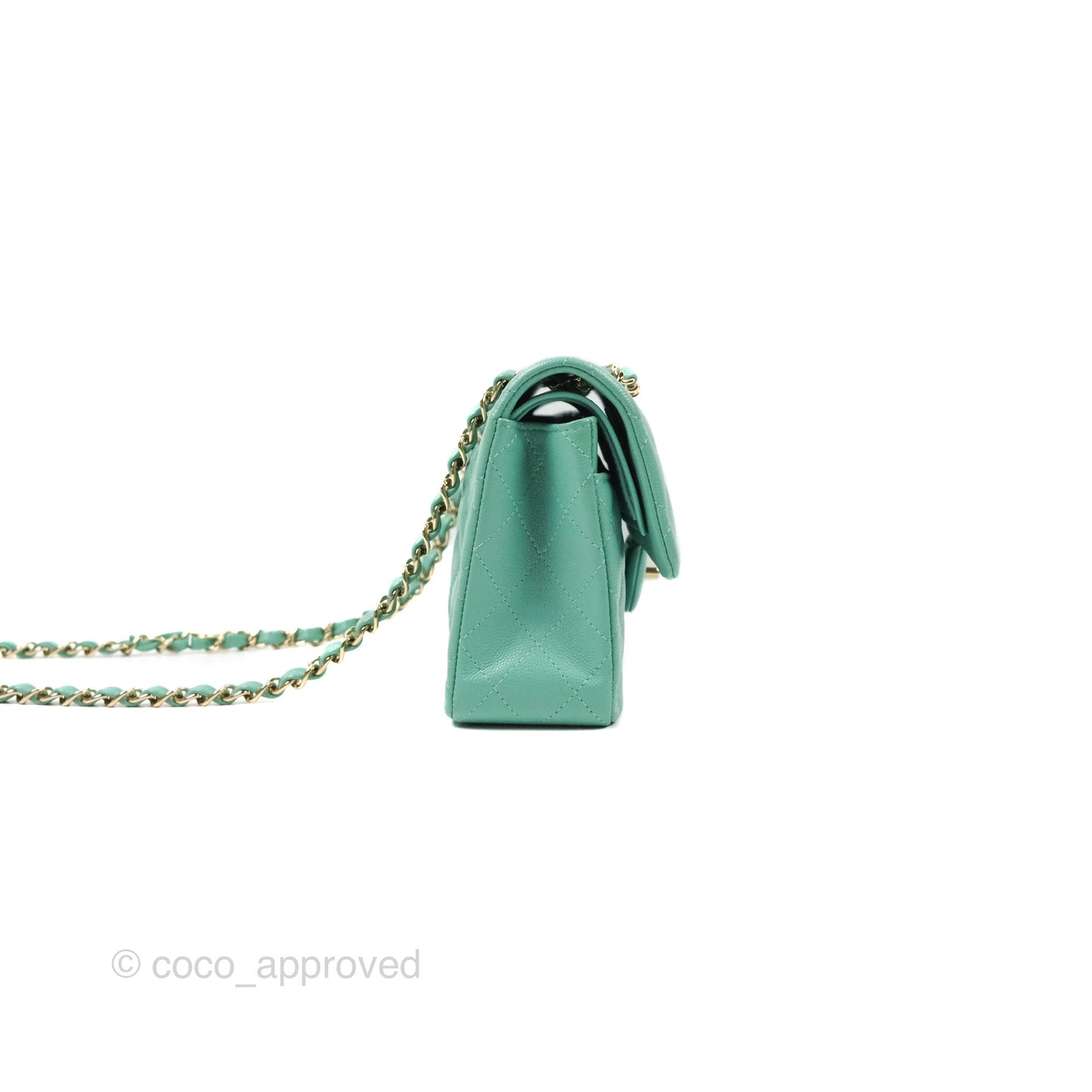 Chanel Small Classic Quilted Flap Tiffany Green Caviar Gold Hardware