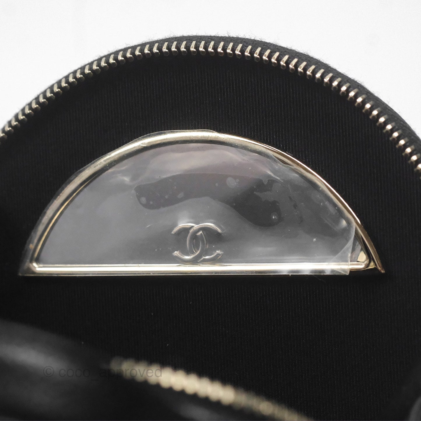 Chanel Mini Round Vanity Bag Handle With Care Black Caviar Gold Hardware