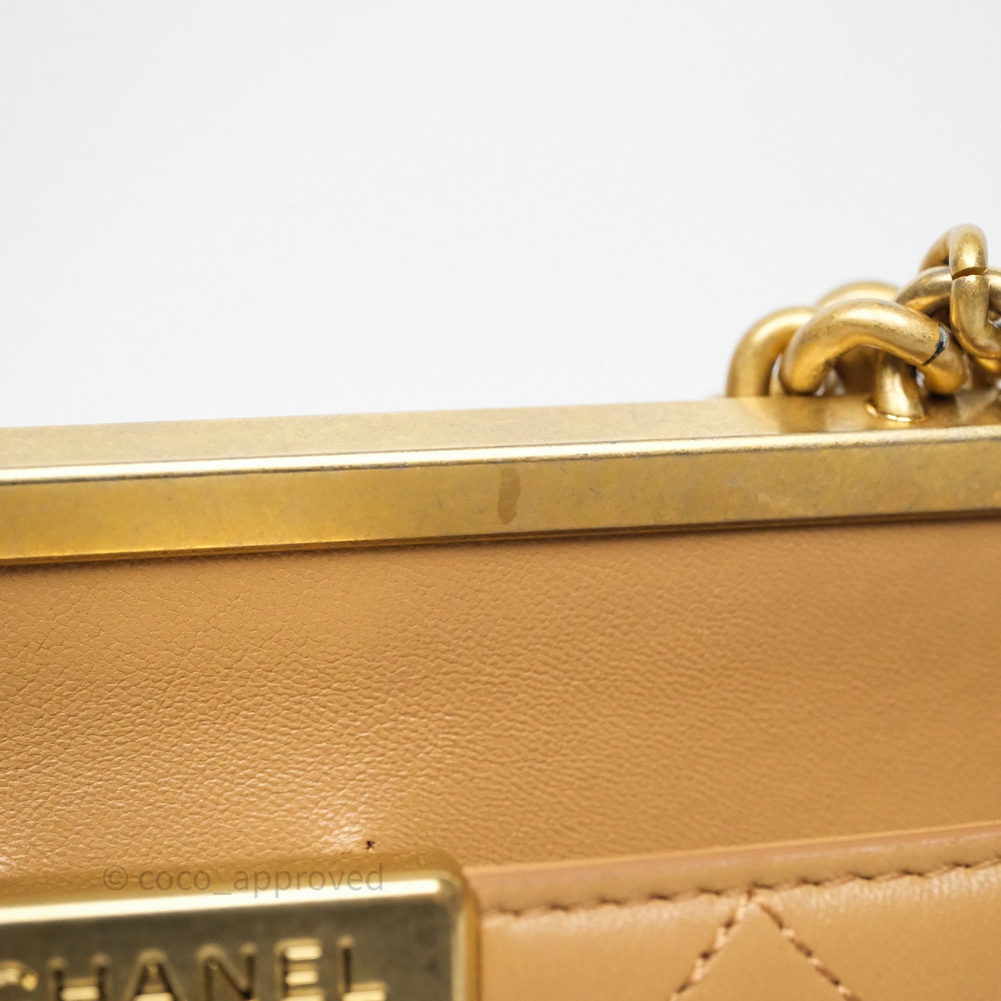 Chanel Small Coco Luxe Flap Bag Caramel Beige Calfskin Aged Gold Hardware