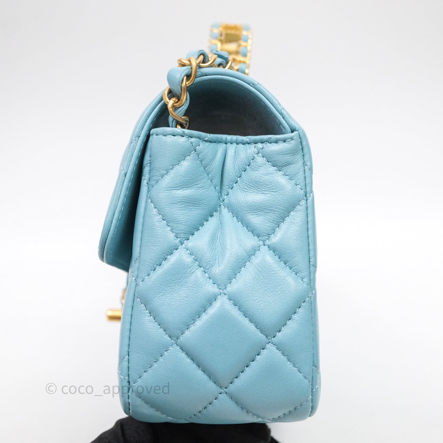 Chanel Flap Bag with Crystal Logo Top Handle Tiffany Blue Lambskin Aged Gold Hardware