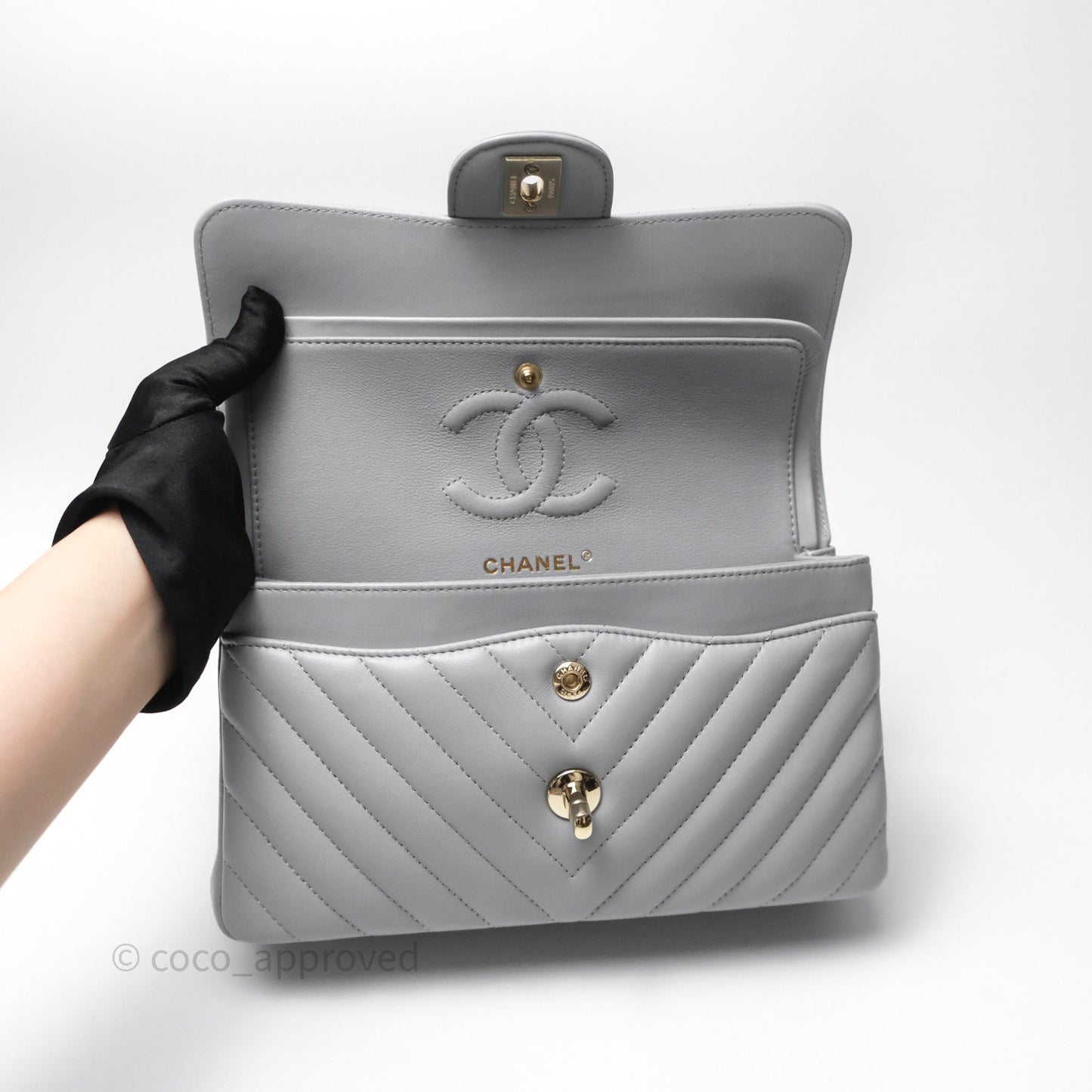 Chanel Classic Small Flap Chevron Grey Lambskin Gold Hardware