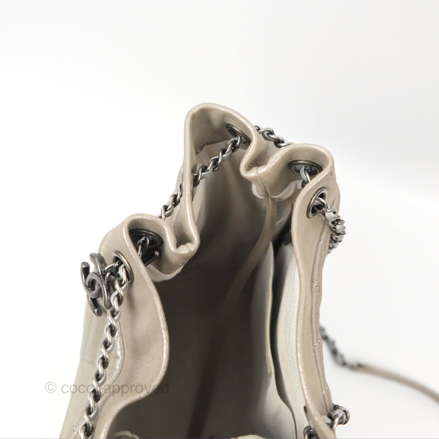 Chanel Small Urban Spirit Drawstring Bag Chevron Iridescent Silver Calfskin