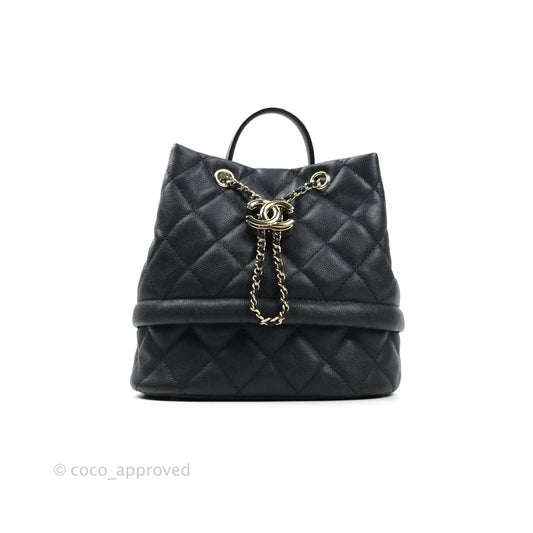 Chanel Caviar Quilted Rolled Up Bucket Drawstring Bag Navy Gold Hardware