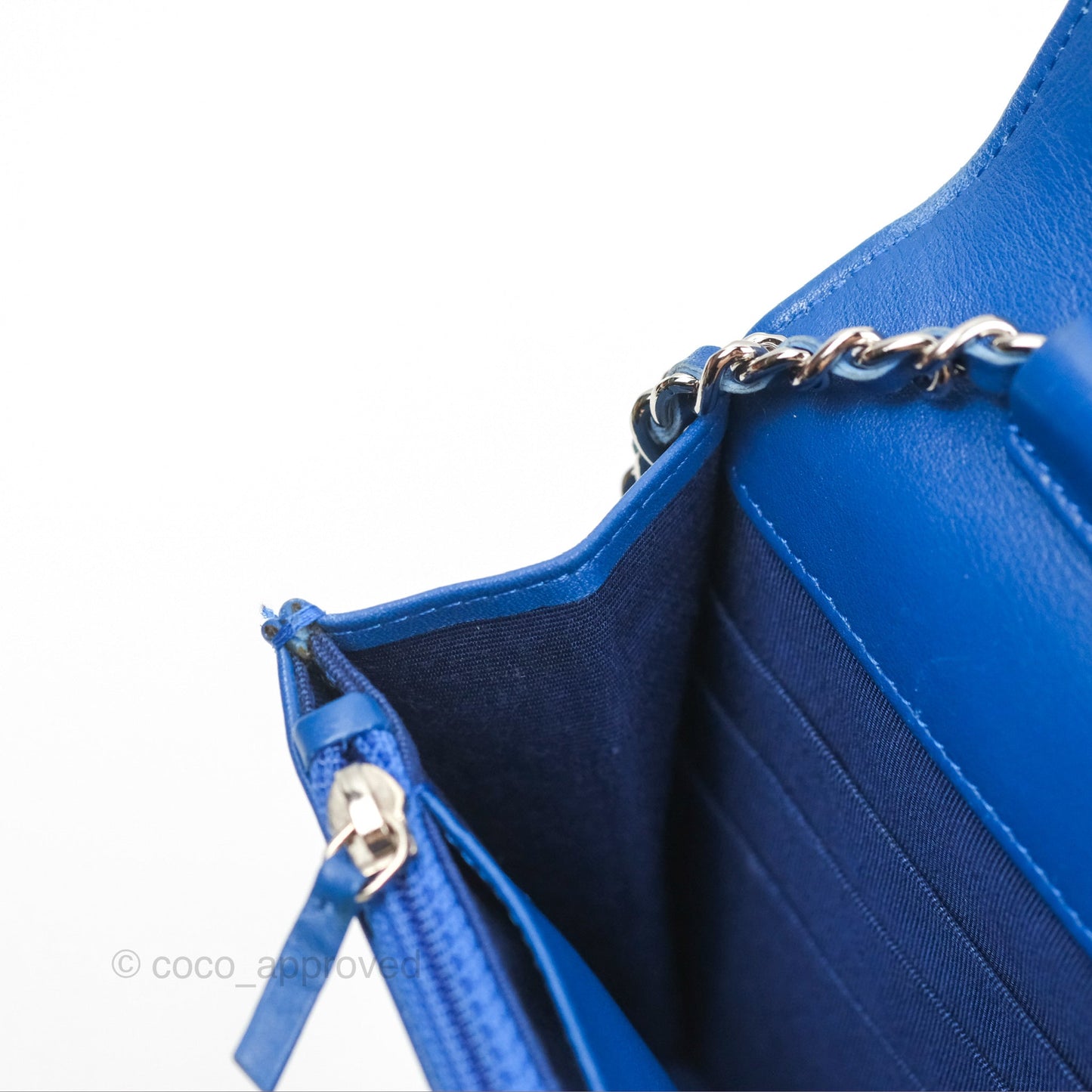 Chanel Quilted Classic Wallet on Chain WOC Blue Patent Silver Hardware