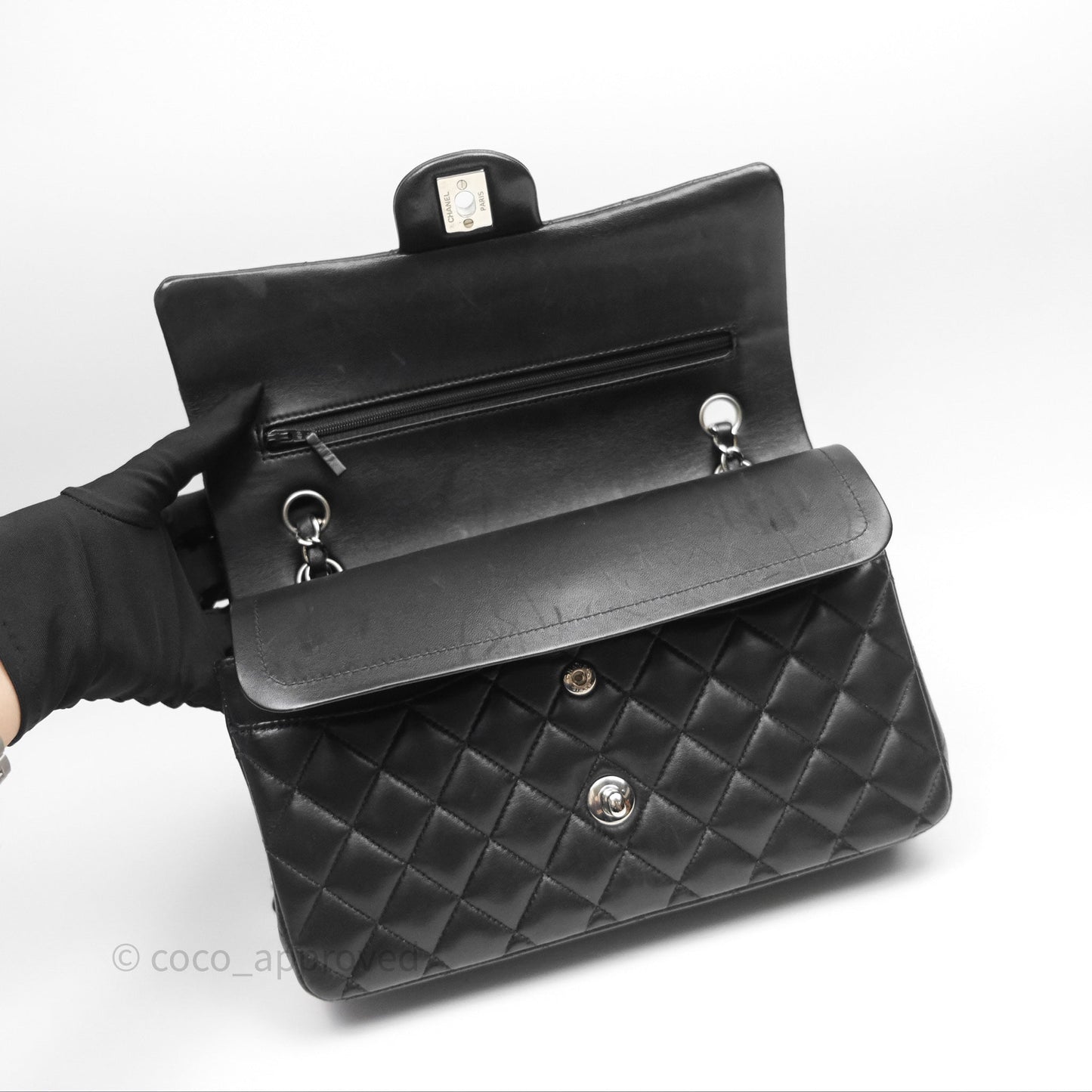 Chanel Classic M/L Medium Flap Quilted Black Lambskin Silver Hardware