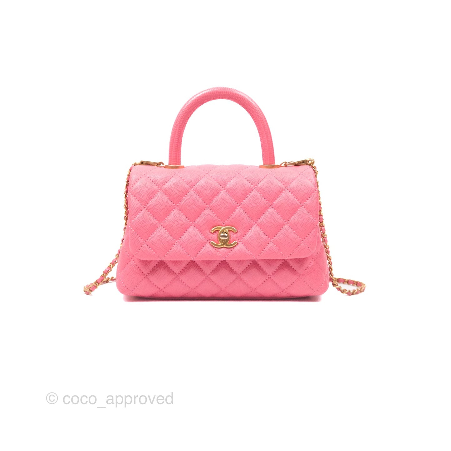 Chanel Small Coco Handle Quilted Pink Caviar Aged Gold Hardware Lizard Handle