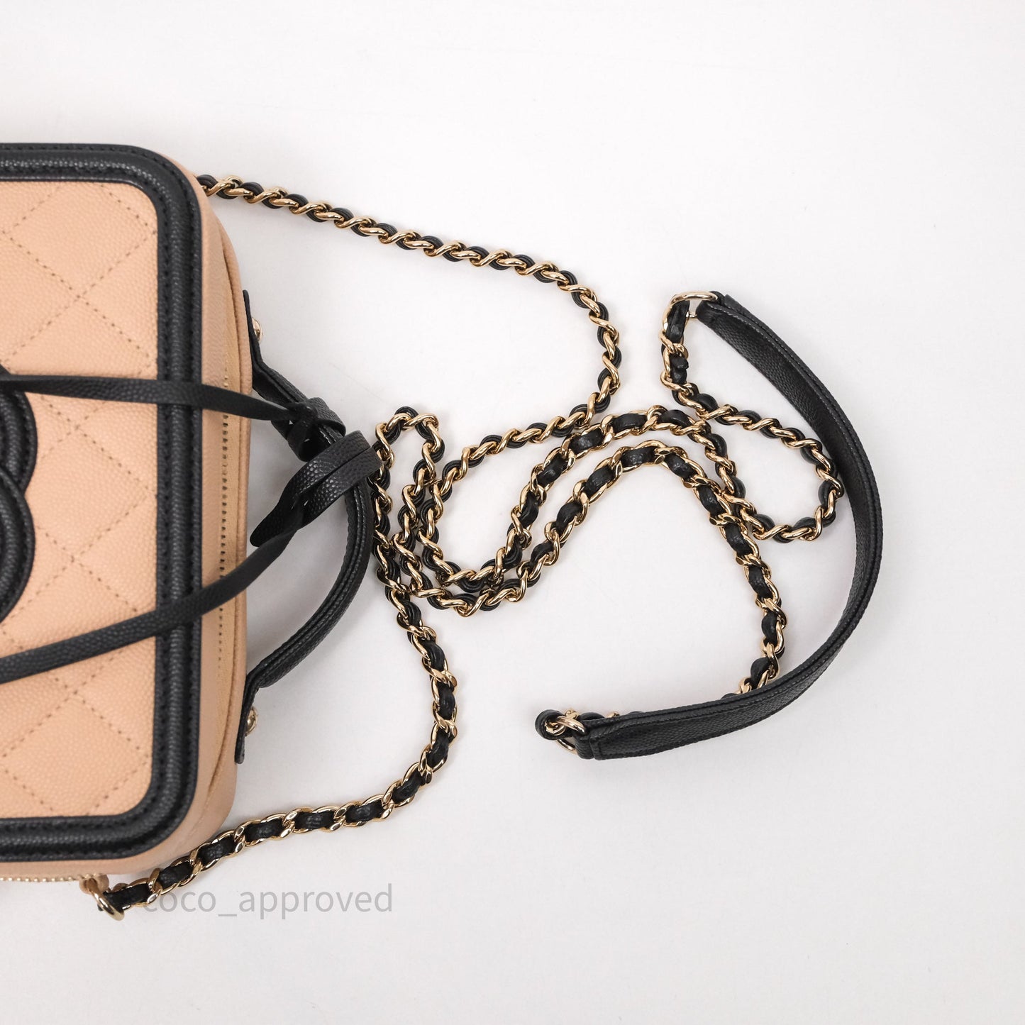 Chanel Quilted New Small CC Filigree Vanity Case Beige Caviar Gold Hardware