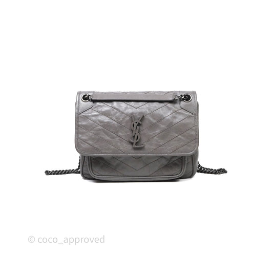 Saint Laurent Medium Niki Chain Bag Crinkled Calfskin Grey