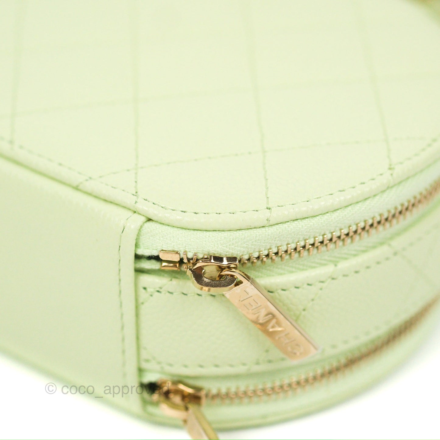 Chanel Mini Round Vanity Bag Handle With Care Light Green Caviar 22C
