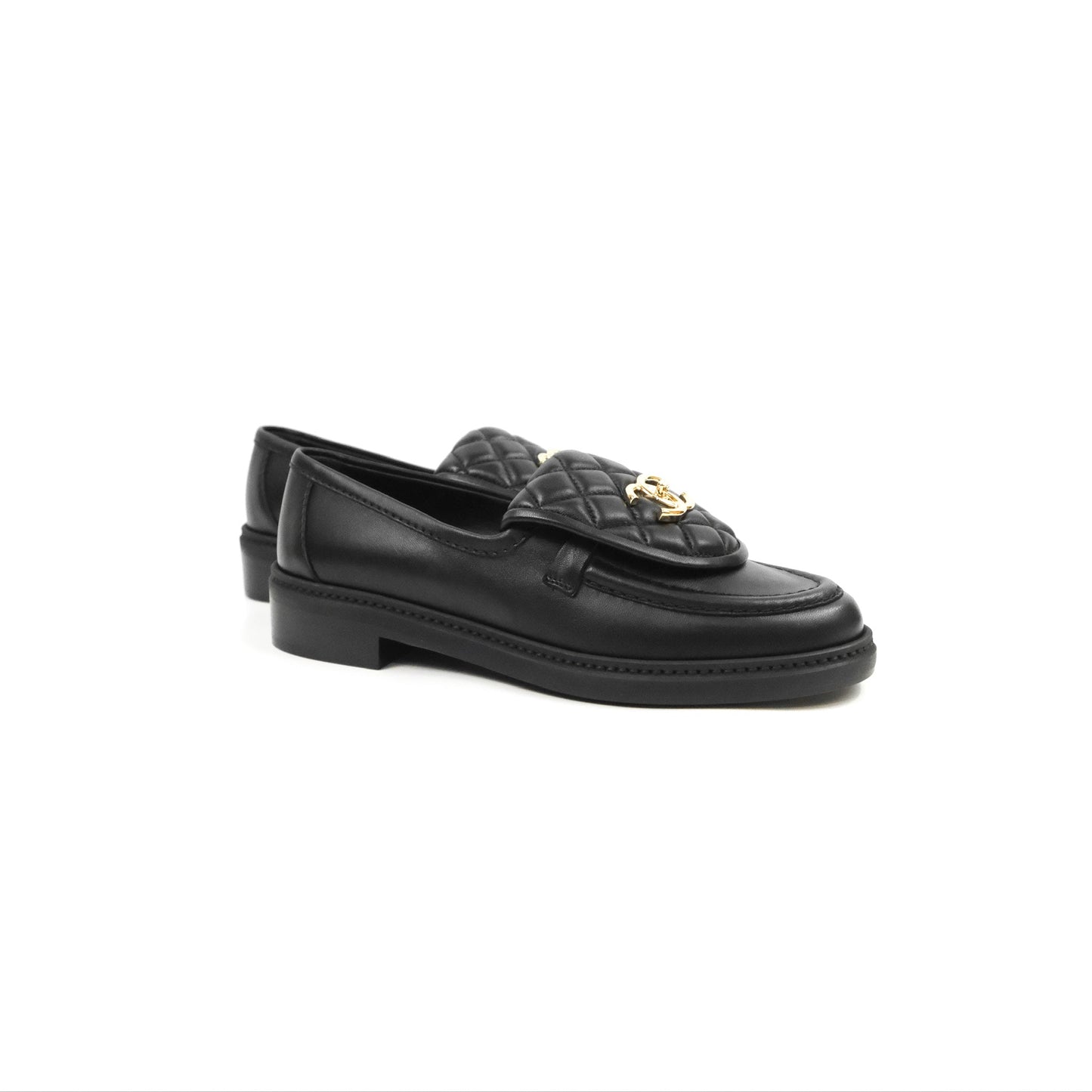 Chanel CC Turnlock Loafers Quilted Black Calfskin Gold Hardware Size 37.5