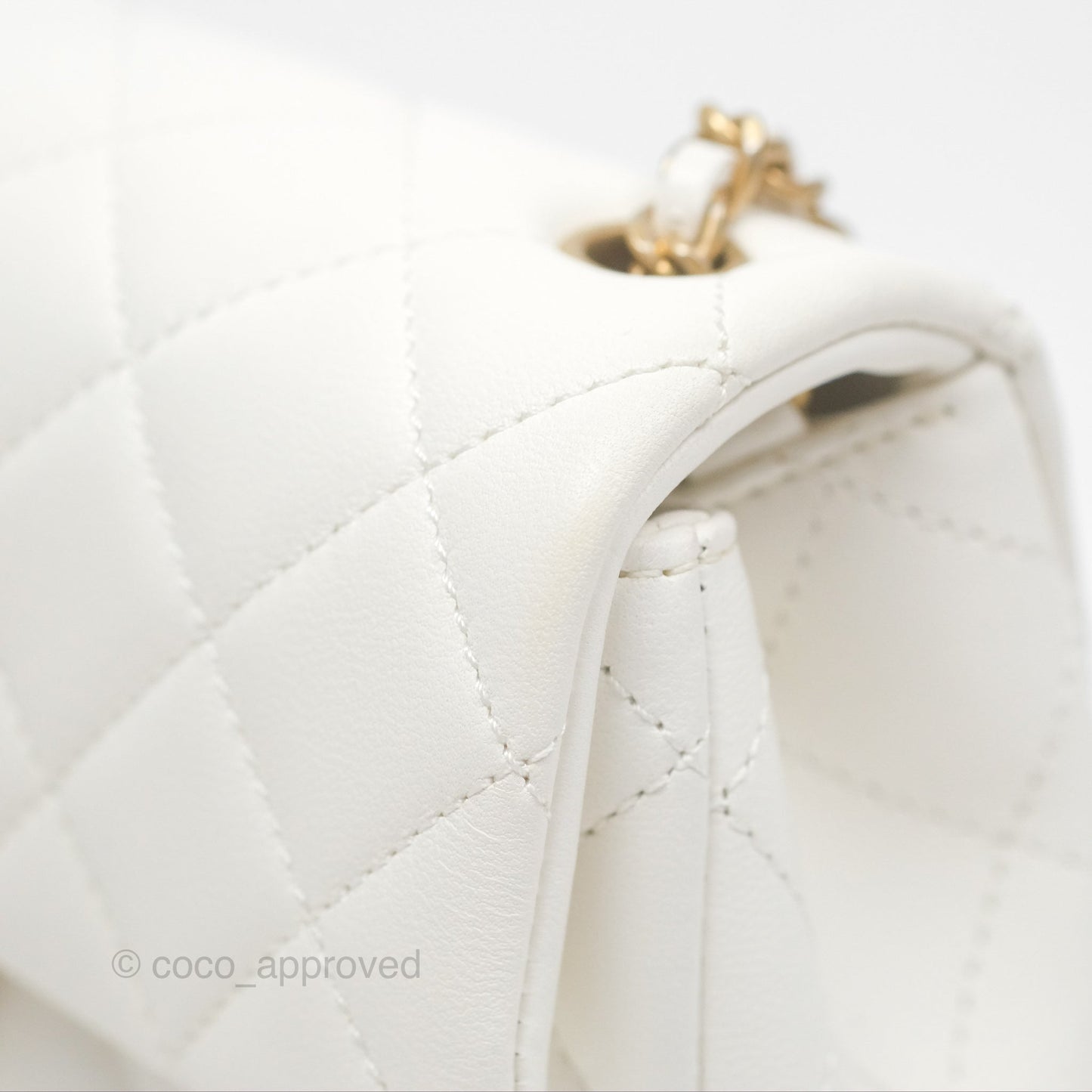 Chanel Mini Rectangular Pearl Crush Quilted White Lambskin Aged Gold Hardware