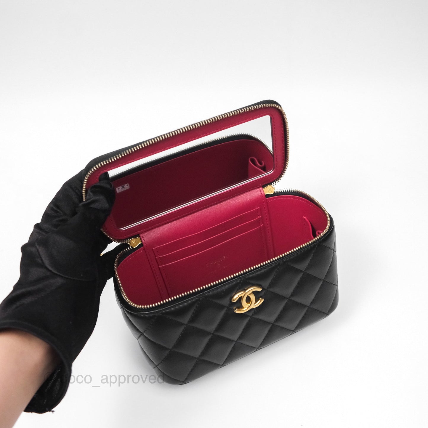Chanel Quilted Vanity Rectangular with Camellia Adjustable Chain Black Lambskin 23S