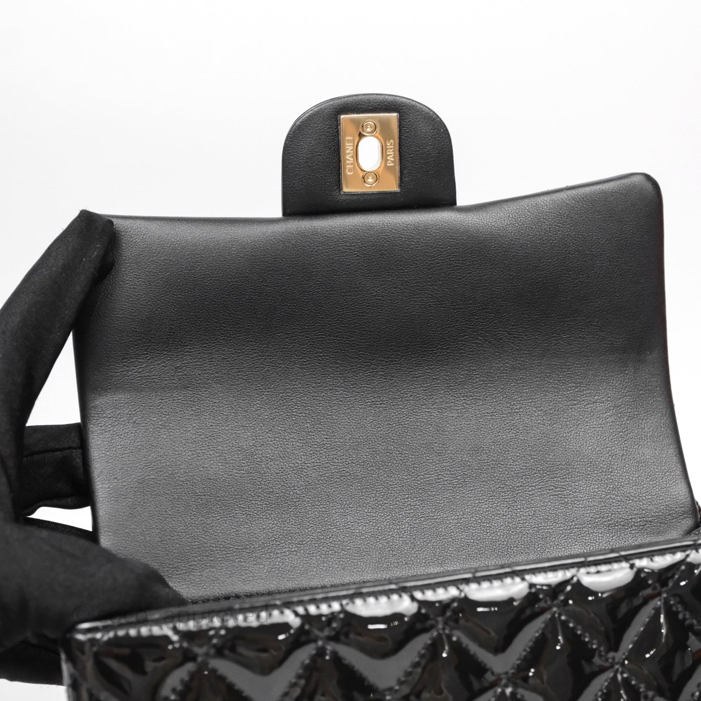 Chanel Top Handle Mini Rectangular Flap Black Patent Gold Hardware