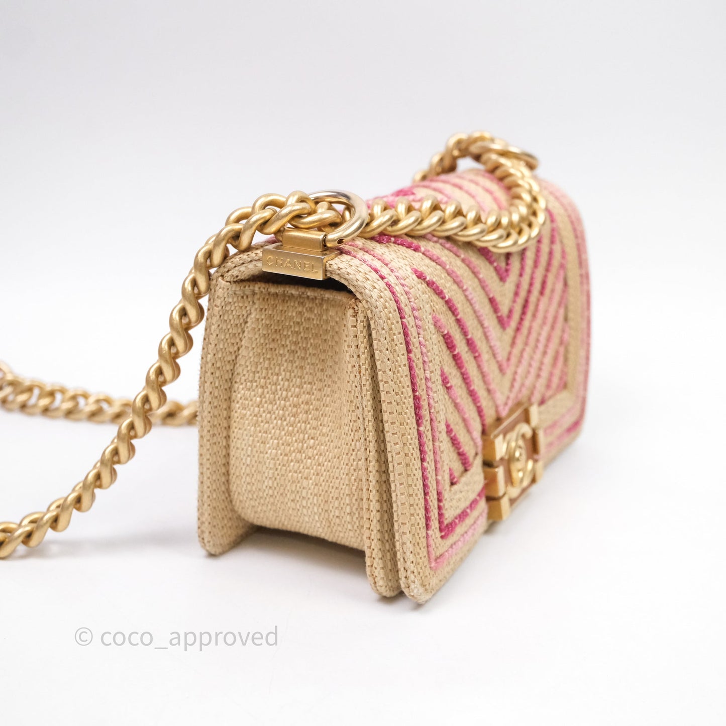 Chanel Small Boy Chevron Raffia Metallic Pink Aged Gold Hardware