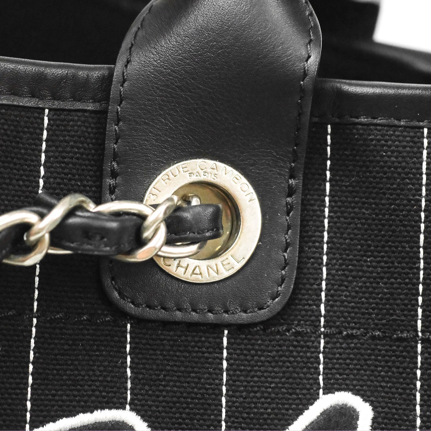 Chanel Large Deauville Black White Striped Canvas Aged Silver Hardware 23S