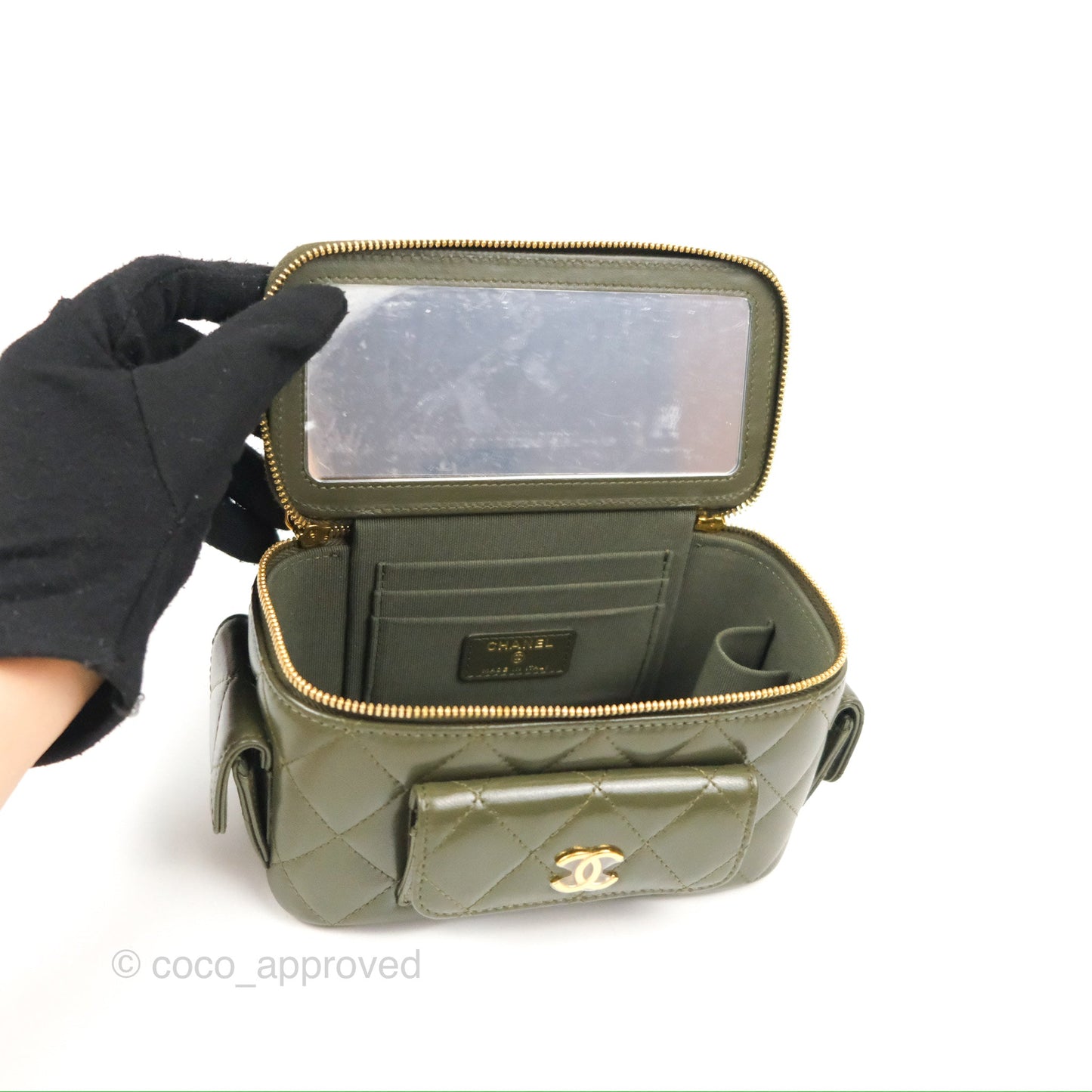 Chanel Cargo Pocket Top Handle Vanity with Chain Khaki Green Lambskin 22K