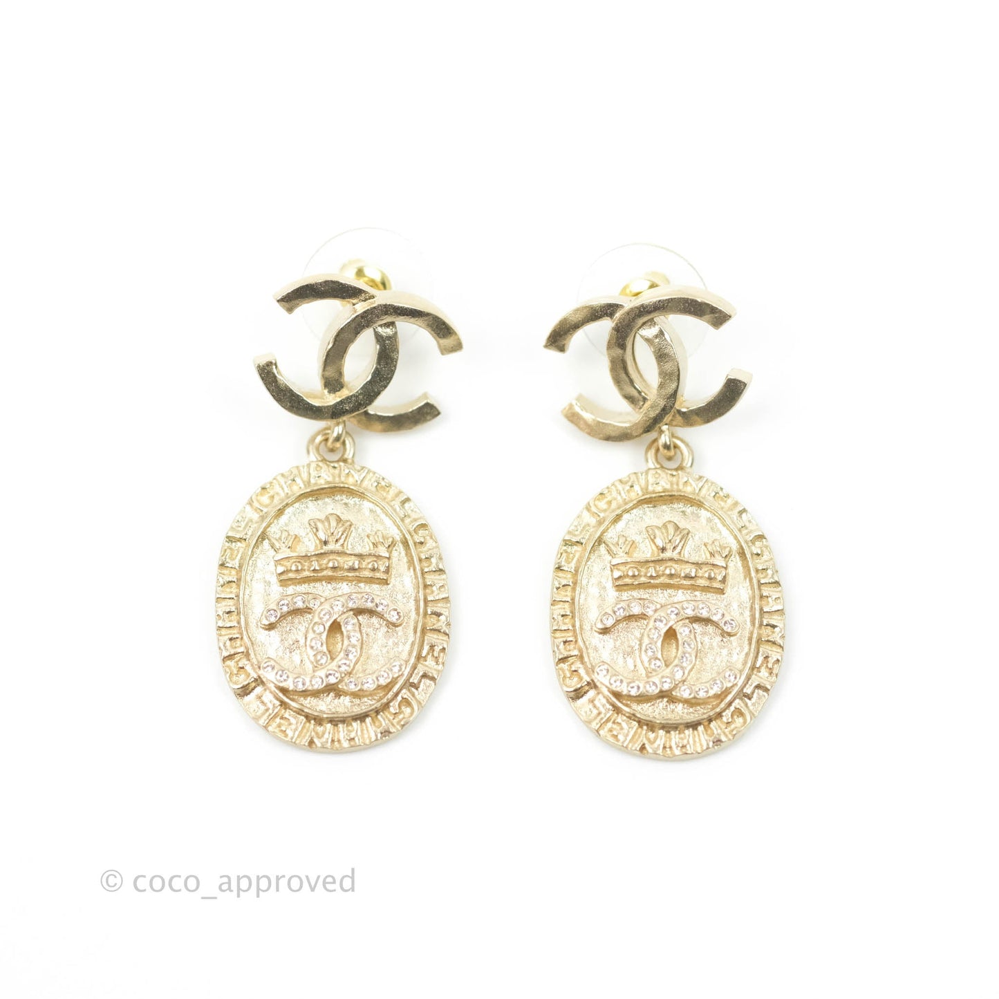 Chanel CC Plate Drop Earrings Matte Gold 21A
