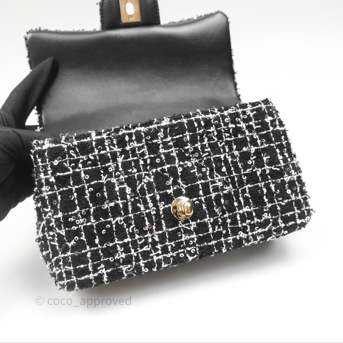 Chanel Top Handle Mini Rectangular Flap Black/ White Sequin Tweed Gold Hardware 24P