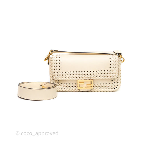 Fendi Braided Leather Baguette Bag Ivory Gold Hardware