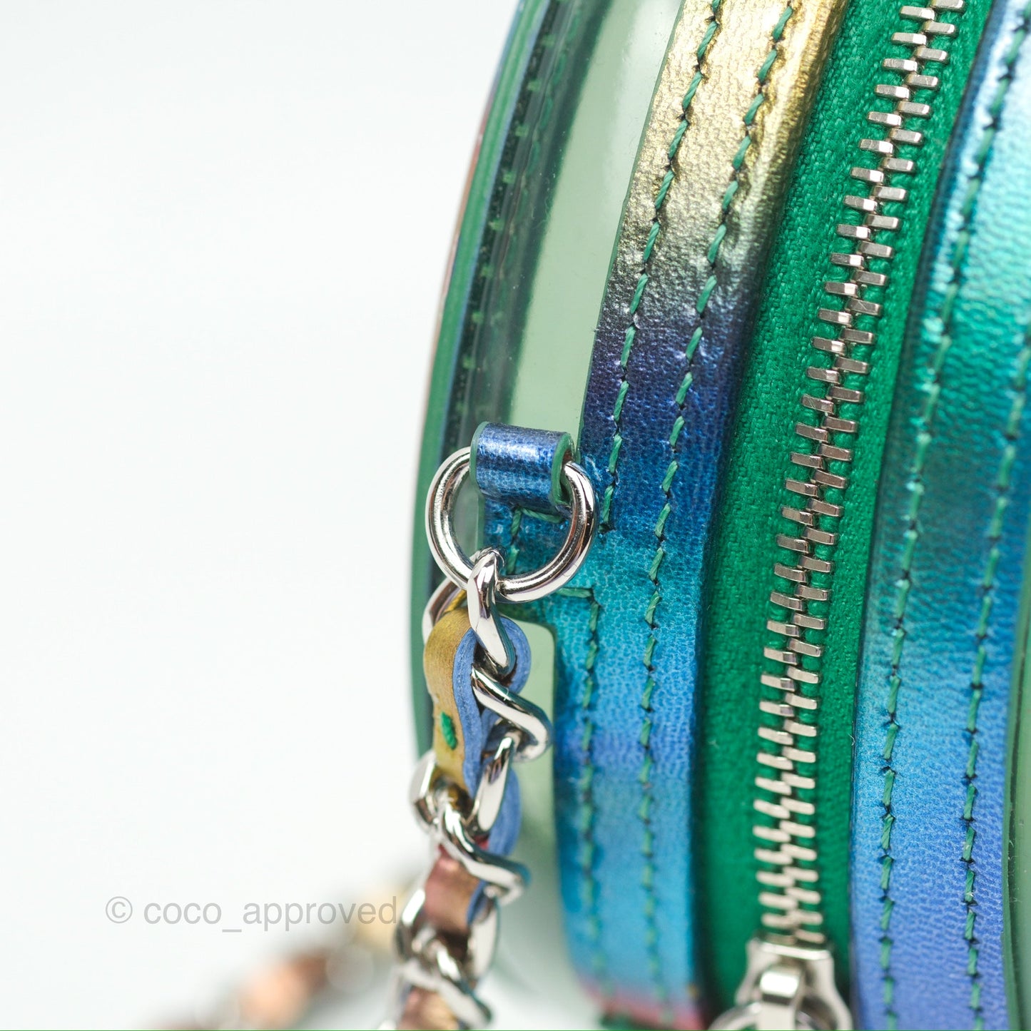 Chanel Filigree Rainbow Green PVC Round Clutch With Chain Silver Hardware 20C