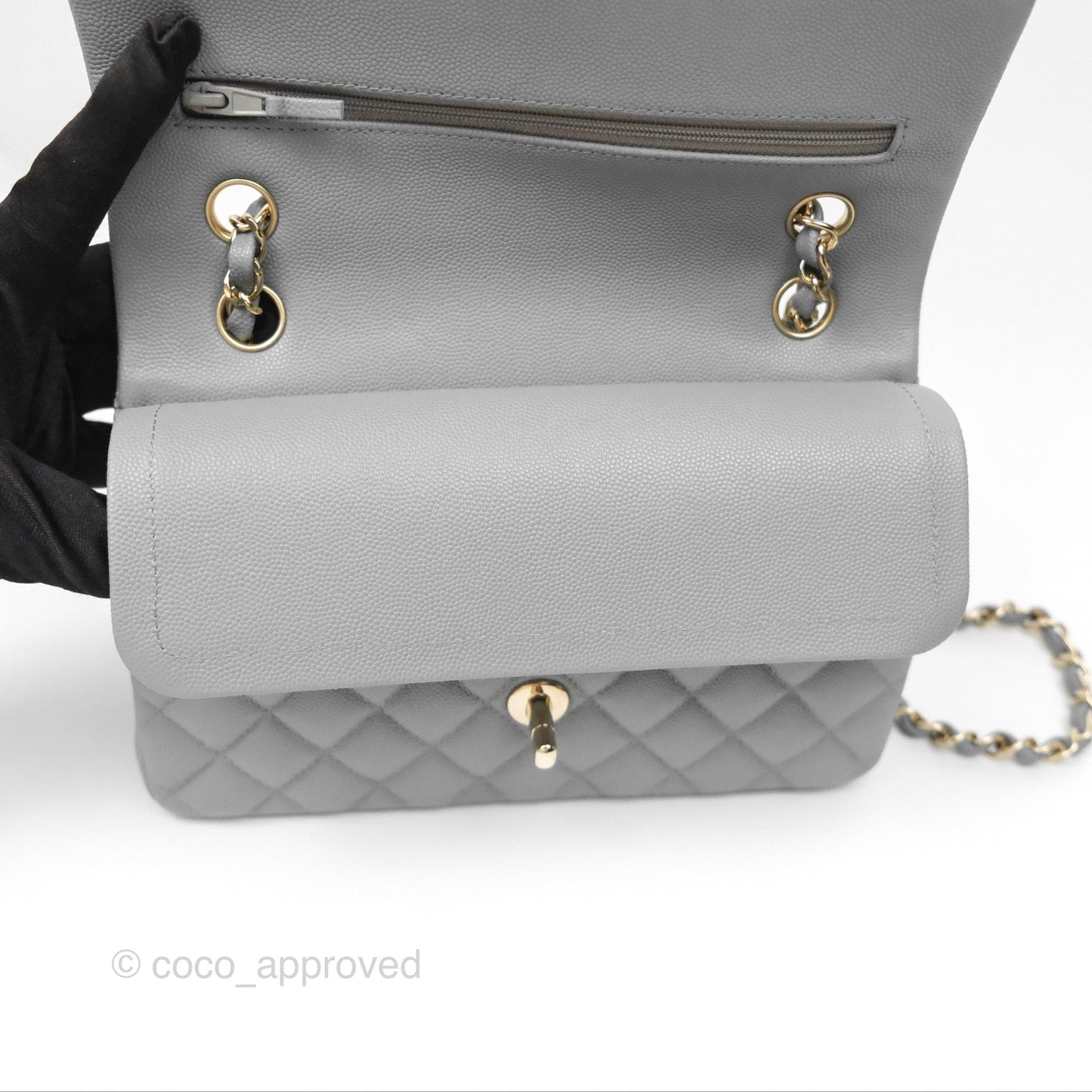 Chanel Small Classic Quilted Flap Grey Caviar Gold Hardware