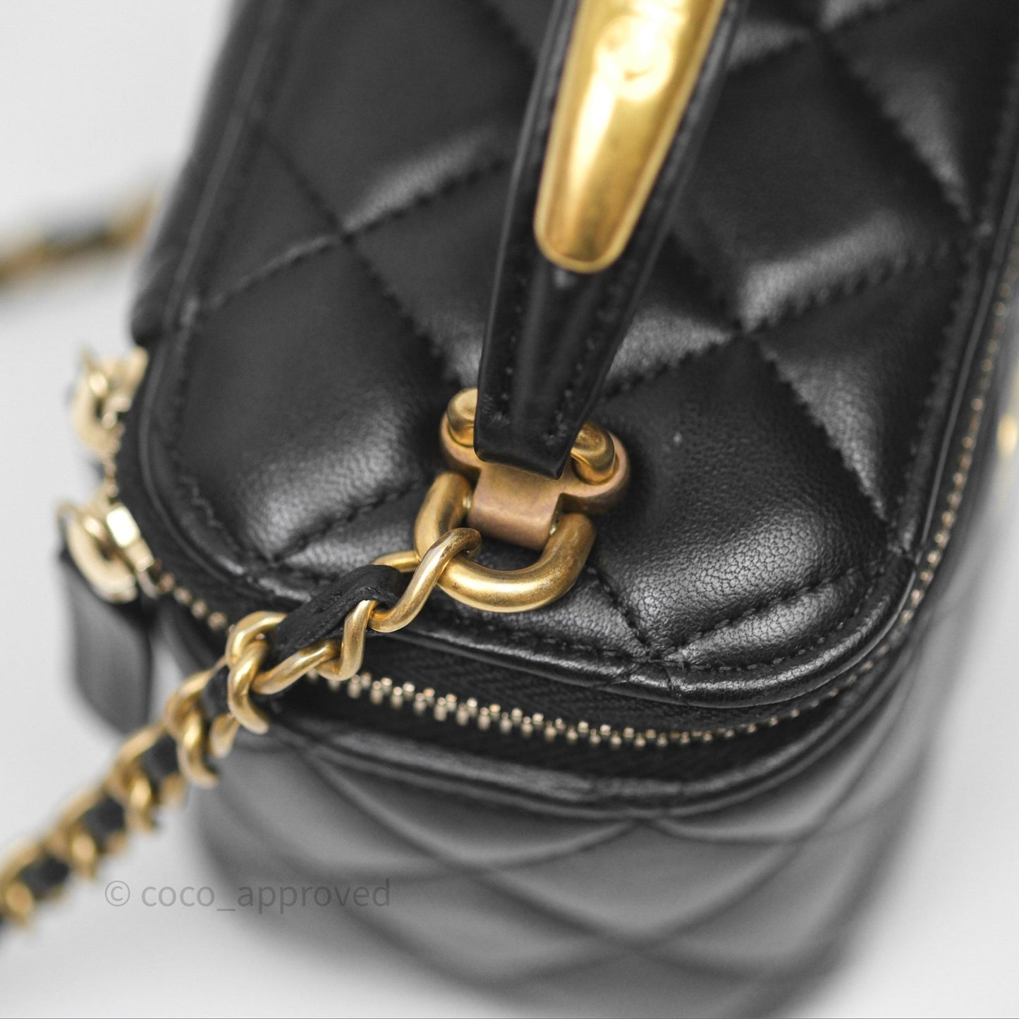 Chanel Mini Metal Top Handle Vanity With Chain Black Lambskin Aged Gold Hardware