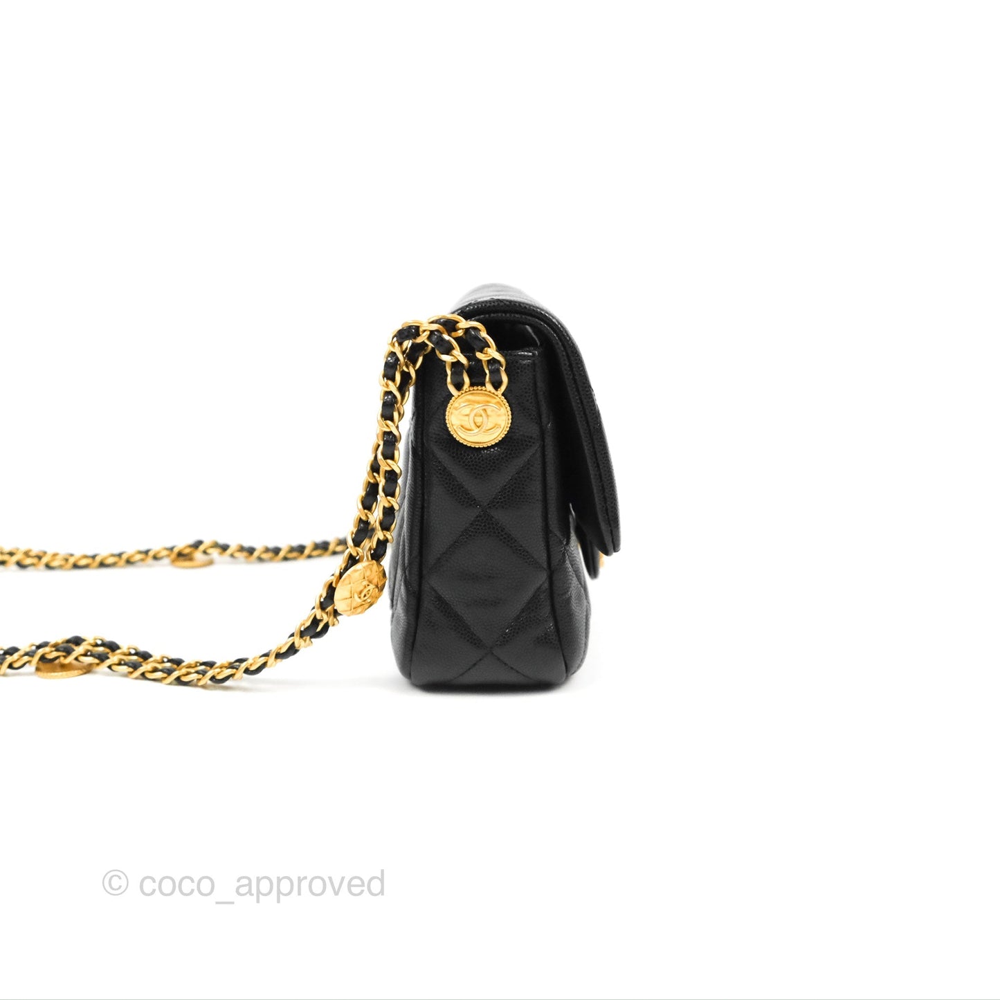 Chanel Small Flap with Coin Charm Black Caviar Aged Gold Hardware 22A