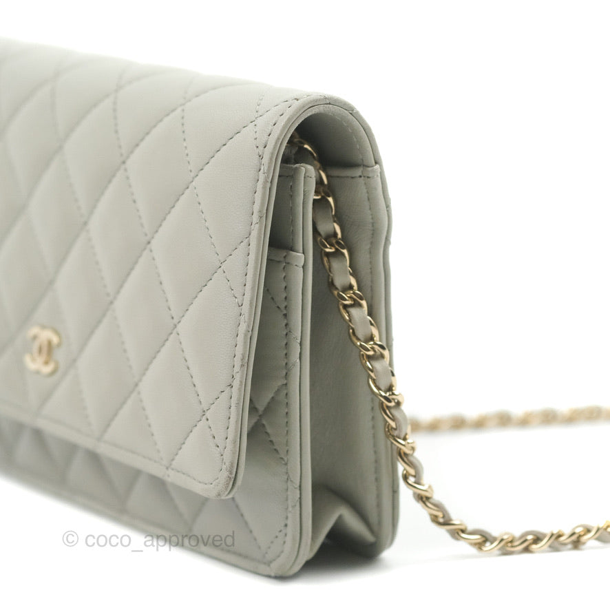 Chanel Quilted Classic Wallet on Chain WOC Light Grey Lambskin Gold Hardware