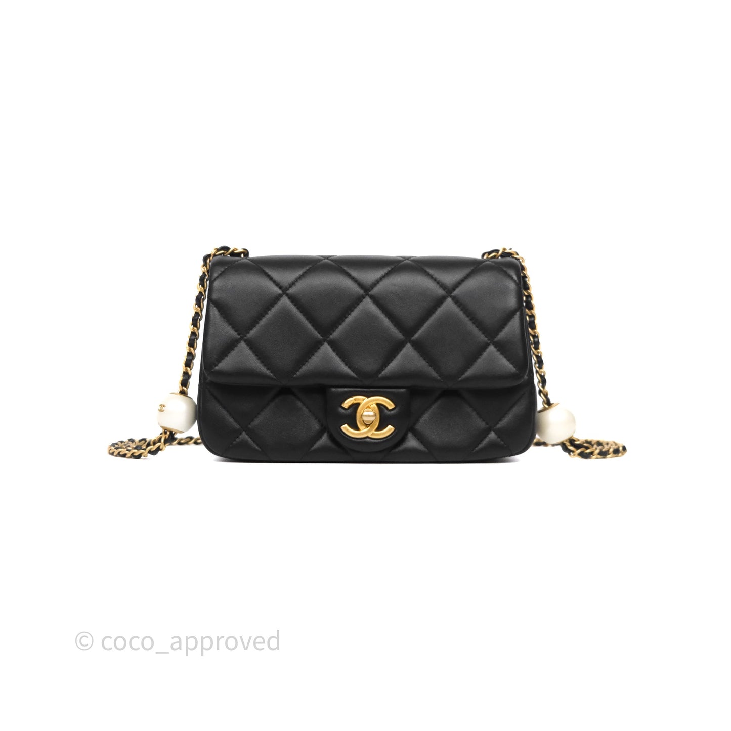 Chanel Quilted Flap Bag with Pearl Chain Black Calfskin Aged Gold Hardware