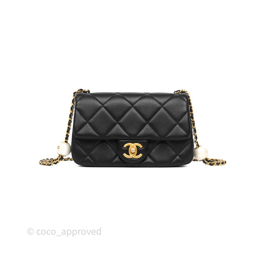 Chanel Quilted Flap Bag with Pearl Chain Black Calfskin Aged Gold Hardware