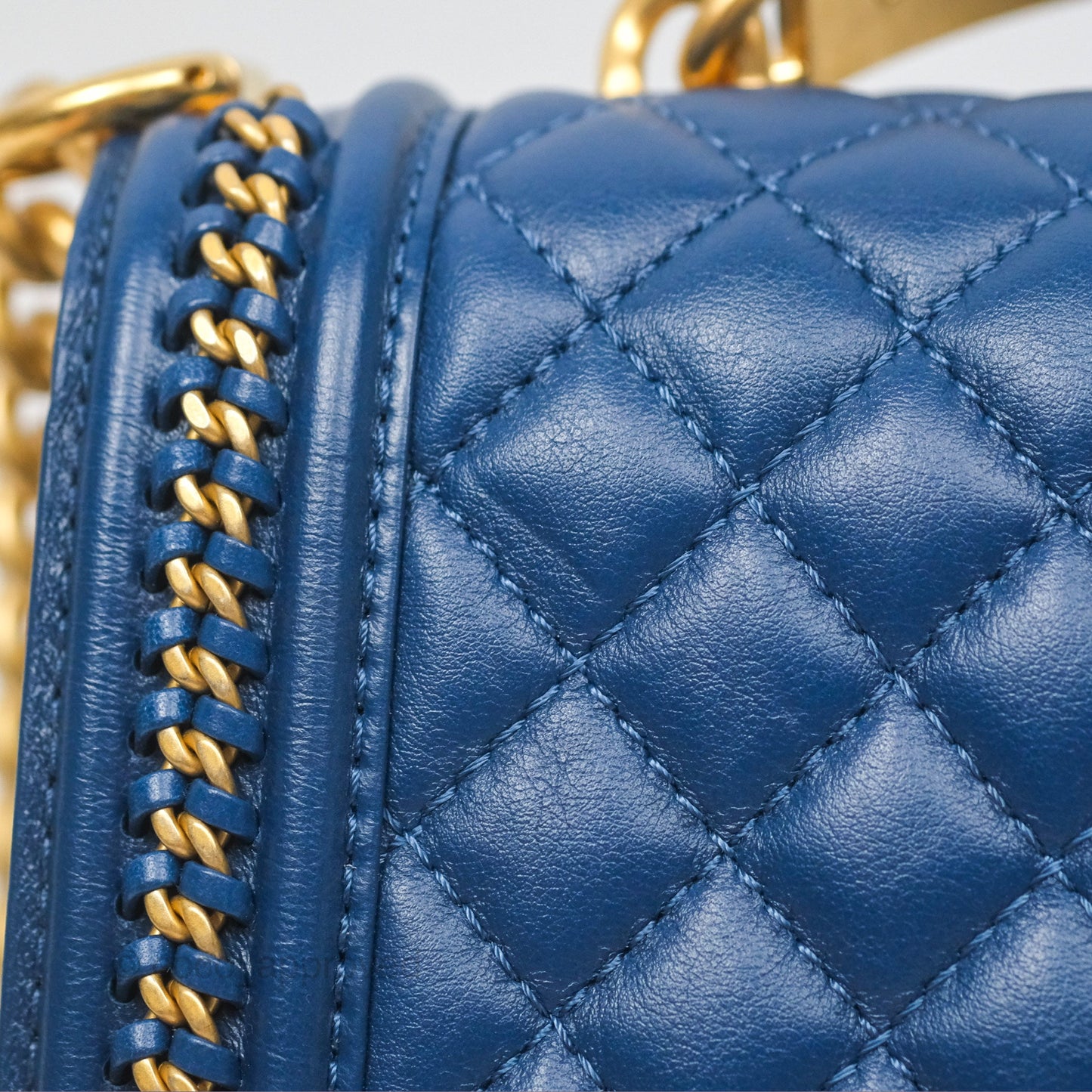 Chanel Quilted Medium Boy With Handle Dark Blue Calfskin Aged Gold Hardware