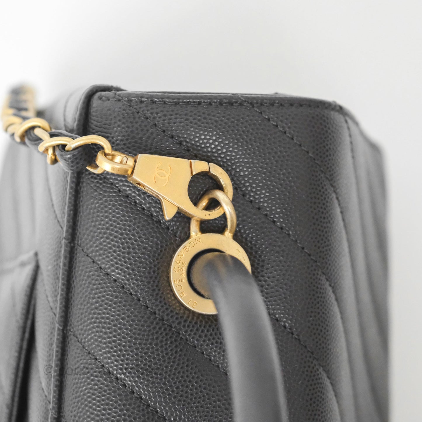 Chanel Medium Coco Handle Chevron Dark Grey Caviar Aged Gold Hardware