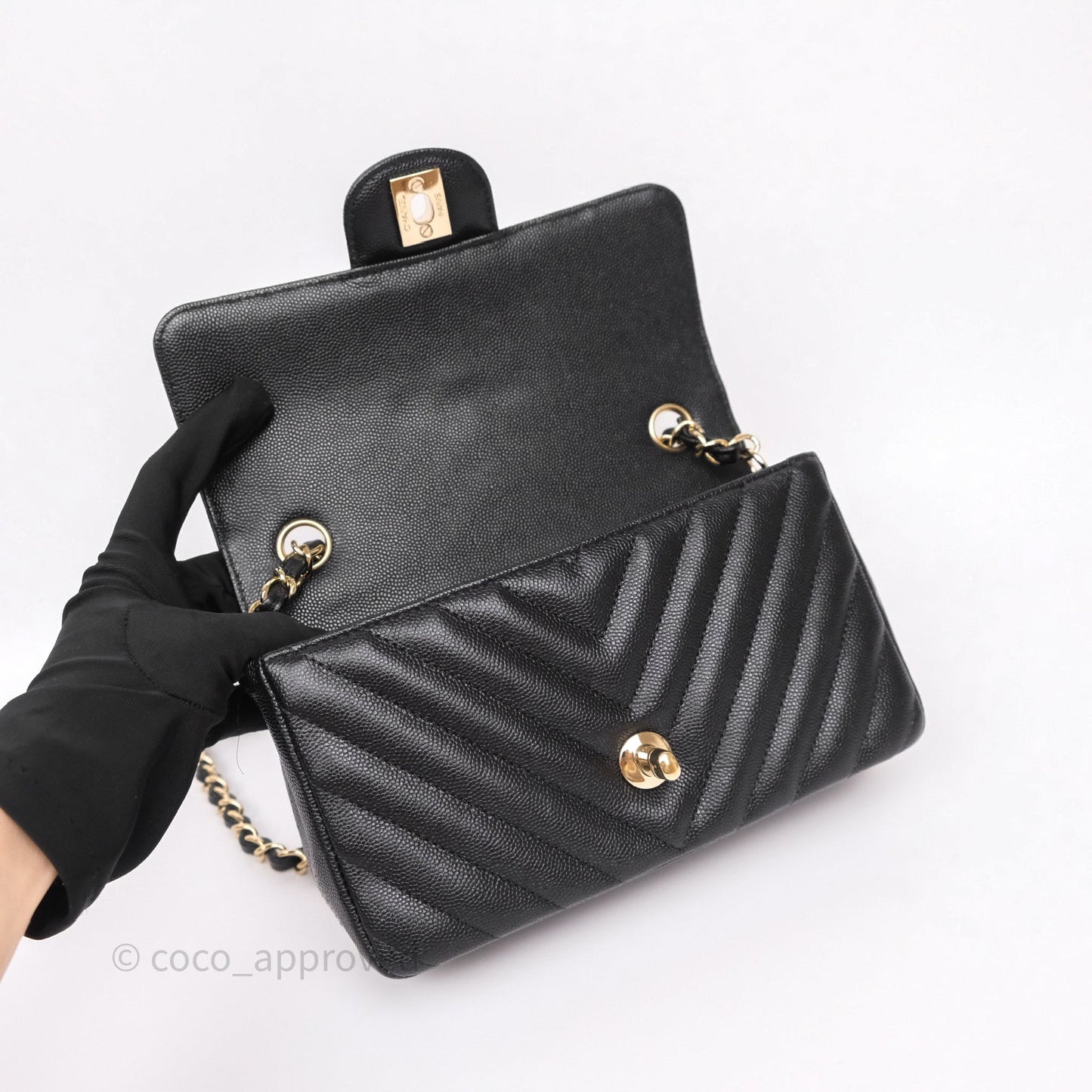 Chanel Mini Rectangular Chevron Black Caviar Gold Hardware