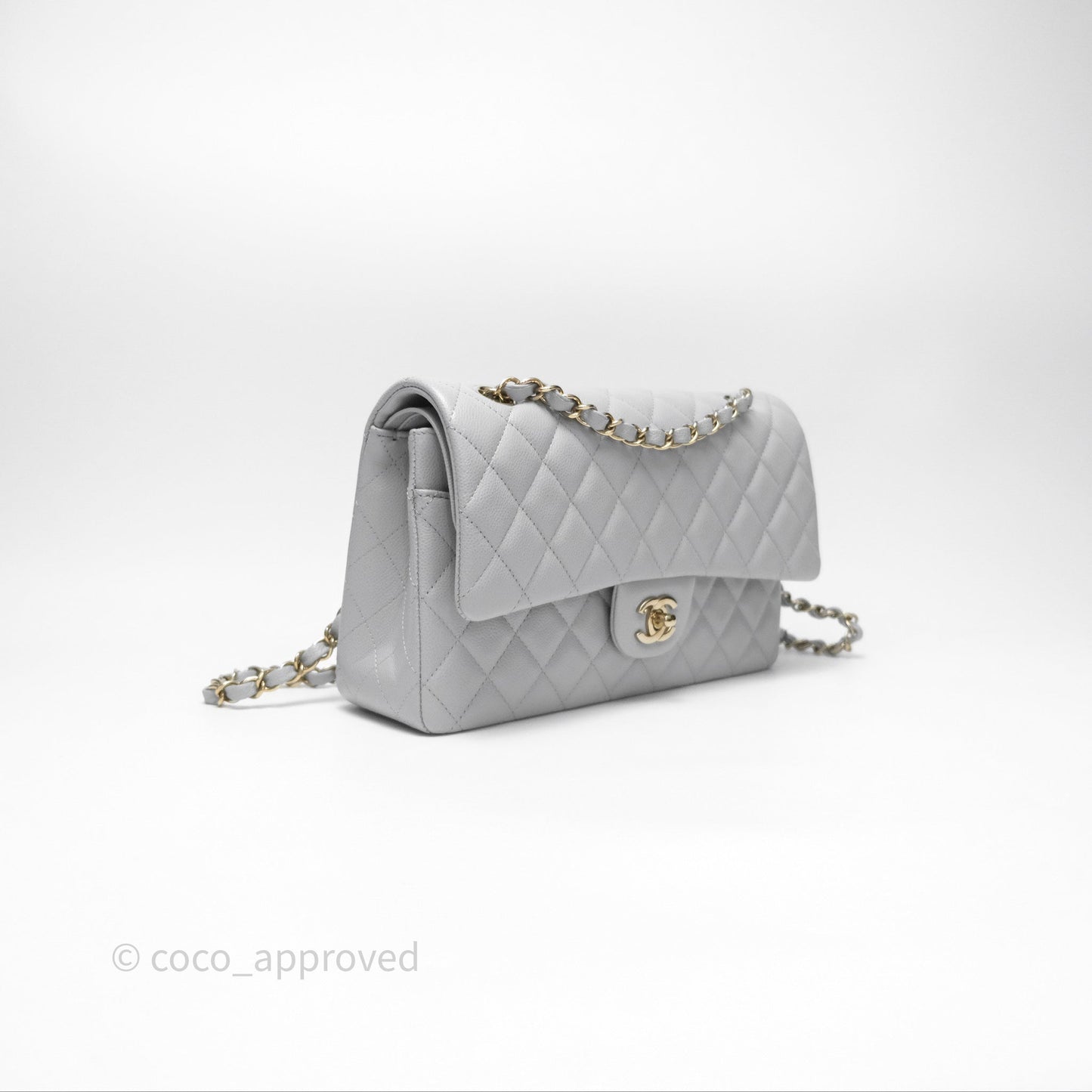 Chanel M/L Medium Classic Flap Quilted Grey Caviar Gold Hardware