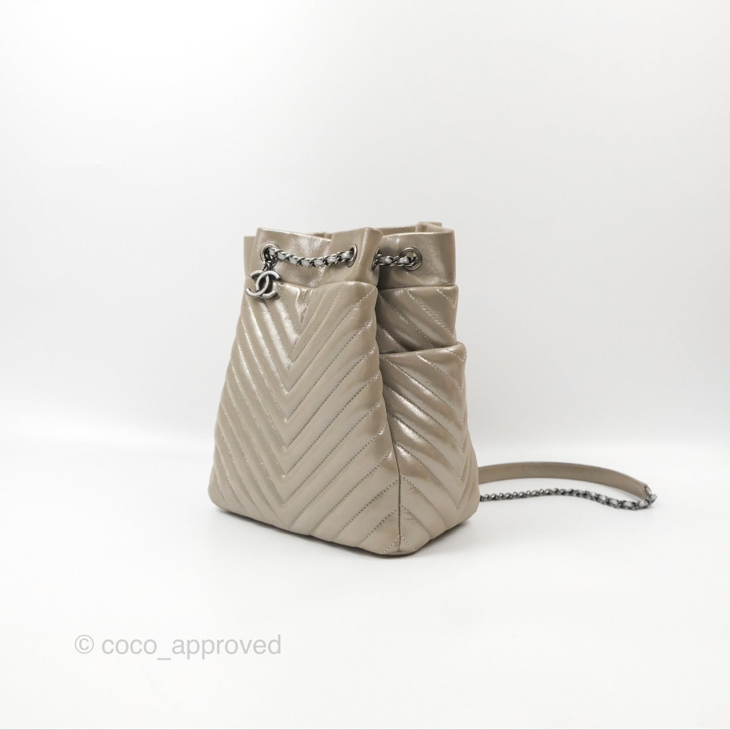 Chanel Small Urban Spirit Drawstring Bag Chevron Iridescent Silver Calfskin