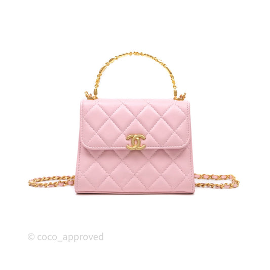 Chanel Mini Enamel Handle Clutch on Chain Pink Lambskin Gold Hardware