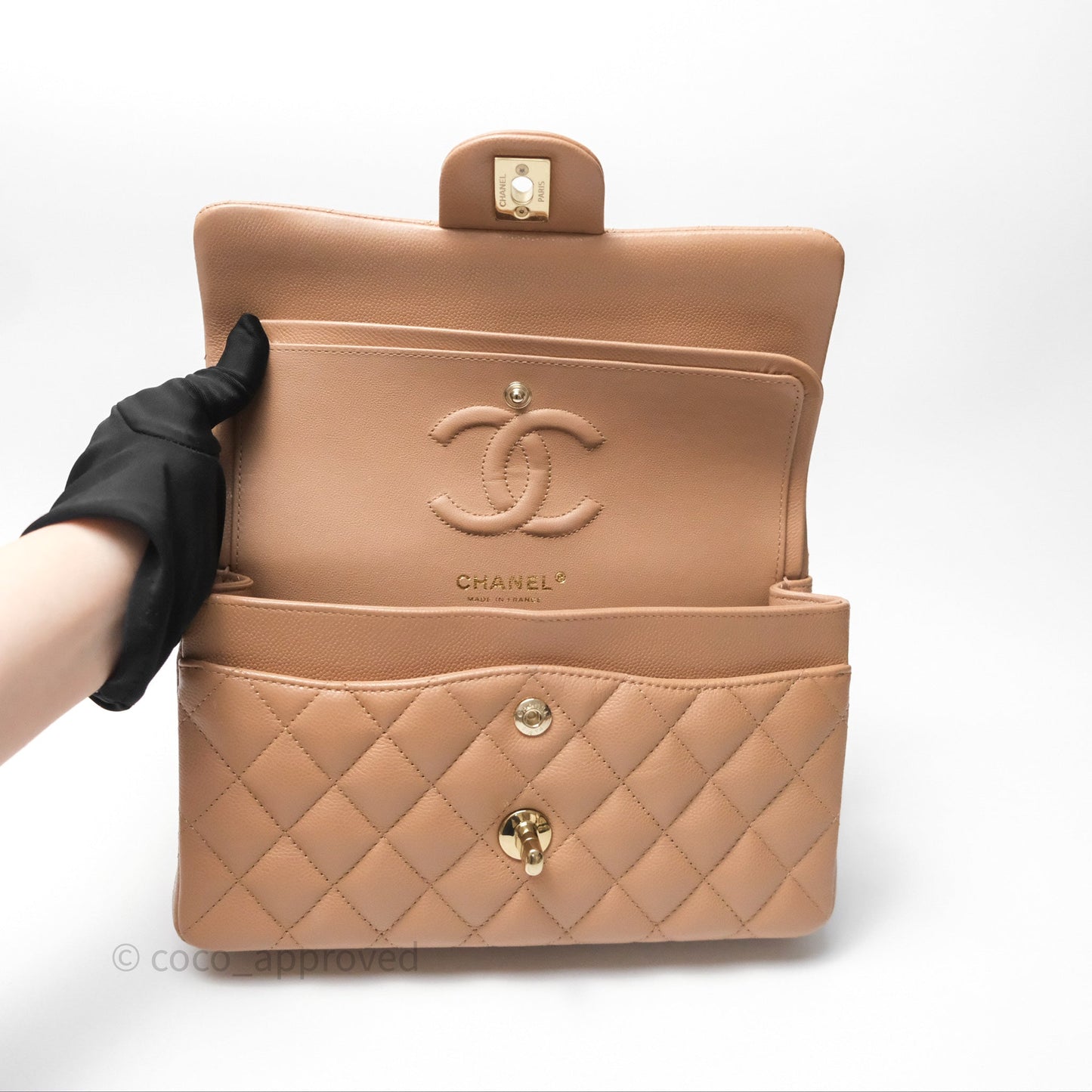 Chanel Small Classic Quilted Flap Dark Beige Caviar Gold Hardware