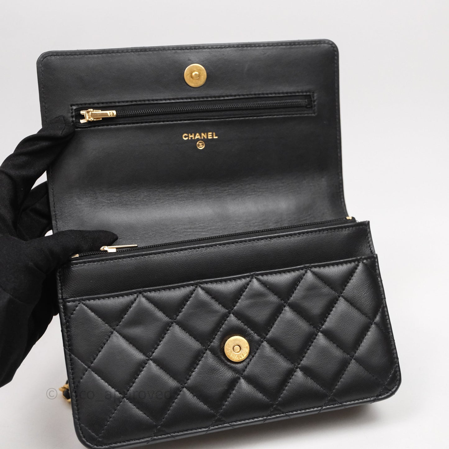 Chanel Top Handle Wallet On Chain WOC Black Lambskin Gold Hardware