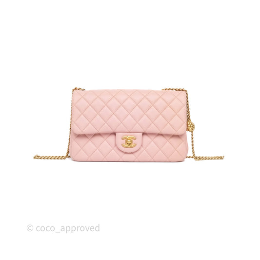 Chanel Quilted Flap Bag With Camellia Adjustable Lambskin Pink Aged Gold Hardware