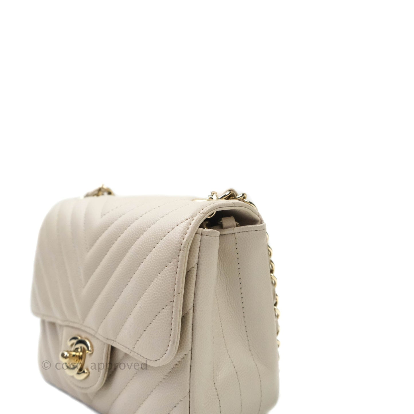 Chanel Mini Square Chevron Ivory Stone Caviar Gold Hardware 18B