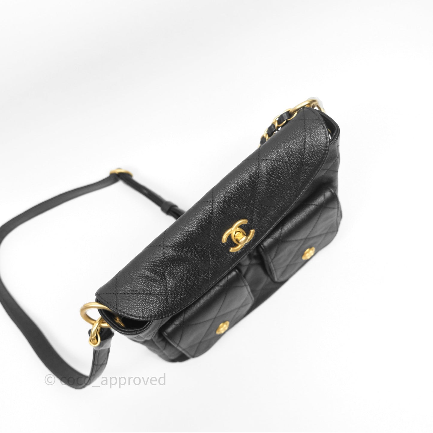 Chanel Double Pocket Hobo Bag Black Caviar Brushed Gold Hardware