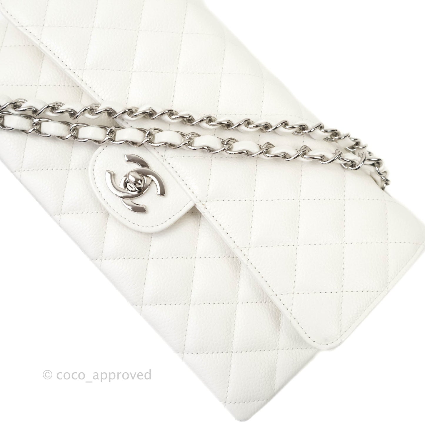 Chanel Quilted M/L Medium Double Flap White Caviar Silver Hardware