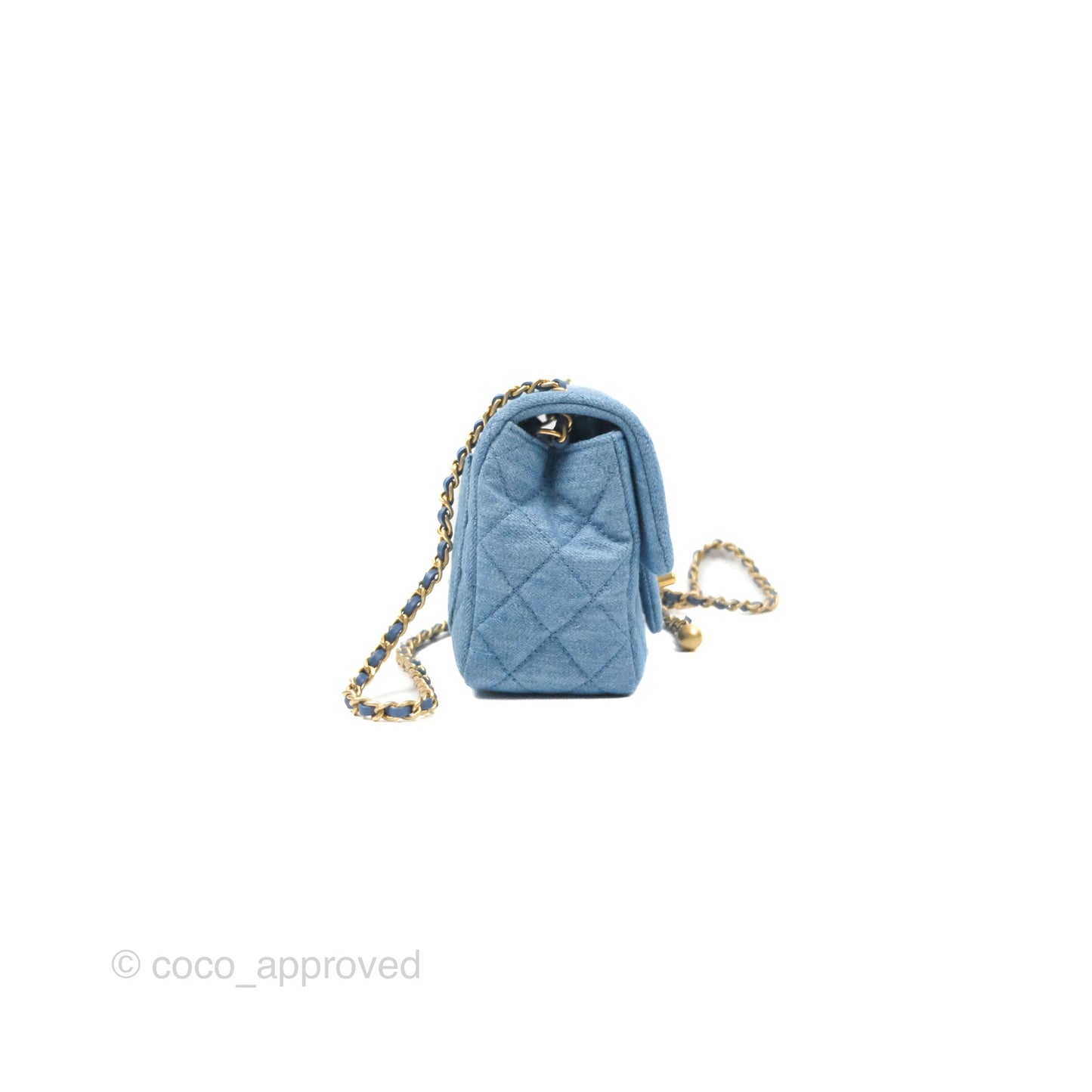 Chanel Mini Square Pearl Crush Quilted Denim Aged Gold Hardware