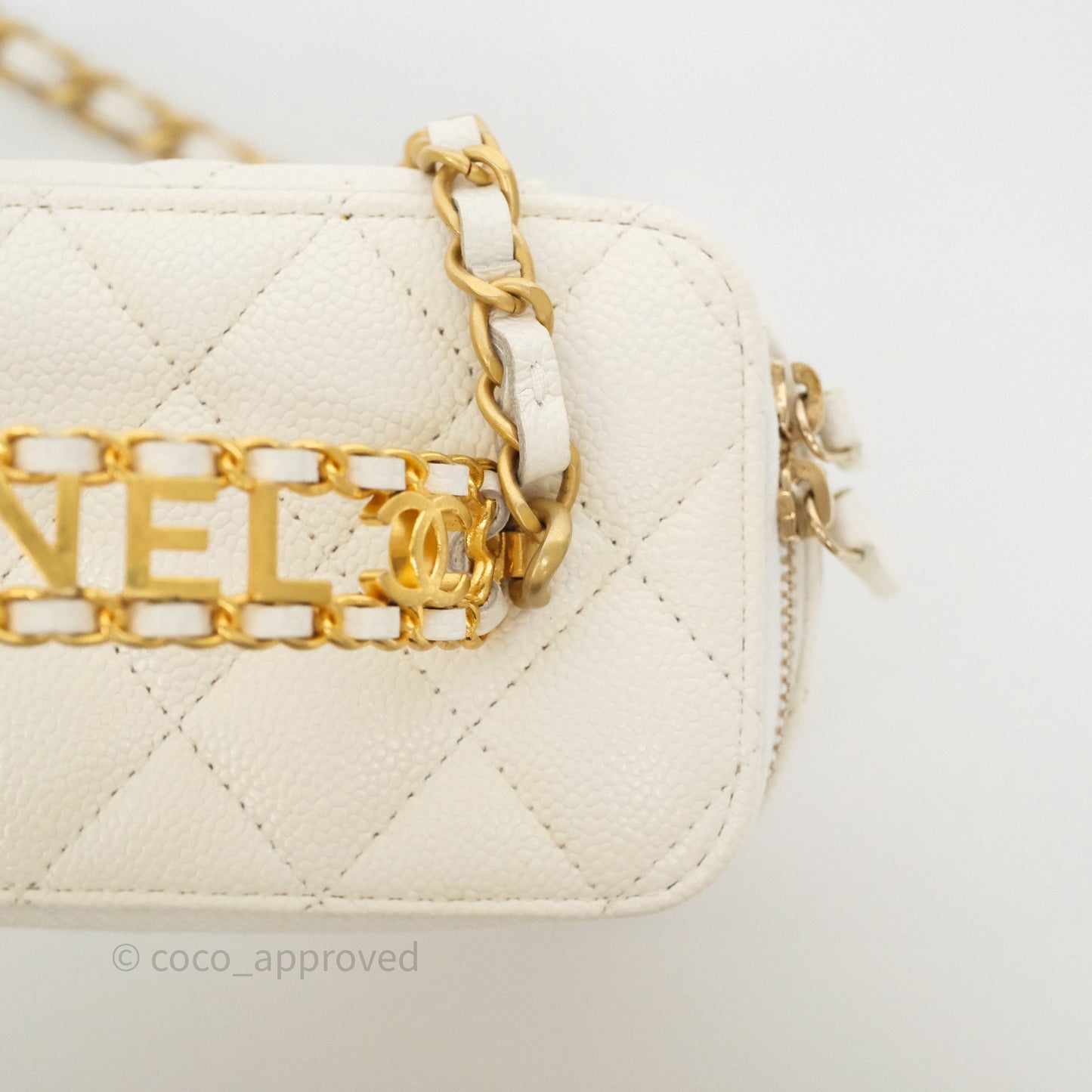 Chanel Logo Top Handle Vanity Rectangular White Caviar Aged Gold Hardware