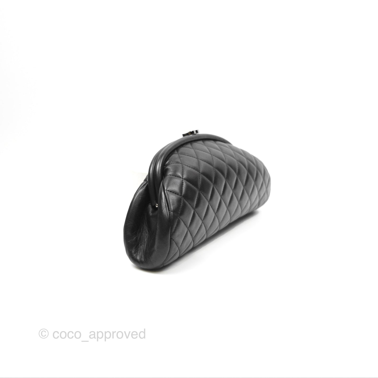 Chanel Quilted Timeless Kisslock Clutch Black Lambskin Silver Hardware