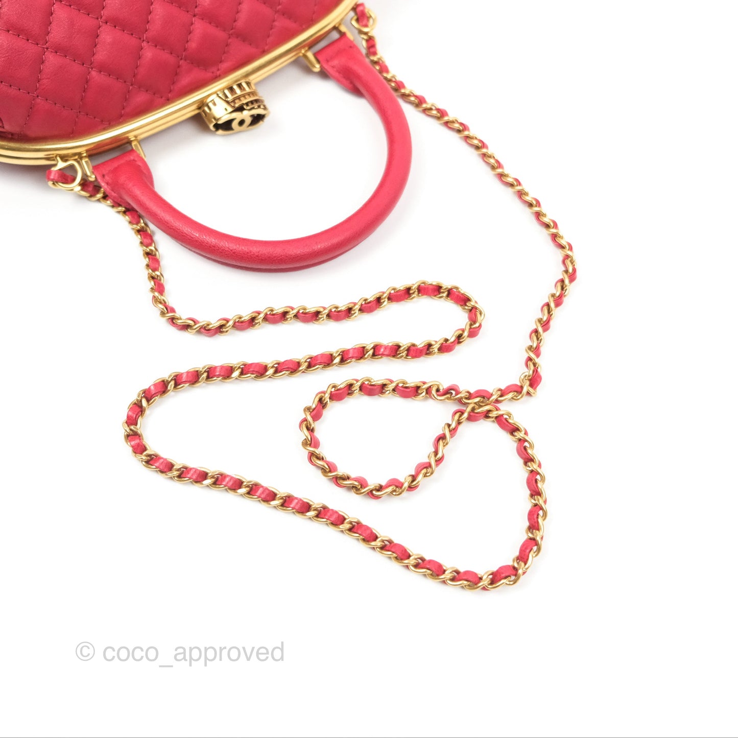 Chanel Quilted Kisslock Handbag With Chain Red Calfskin Gold Hardware
