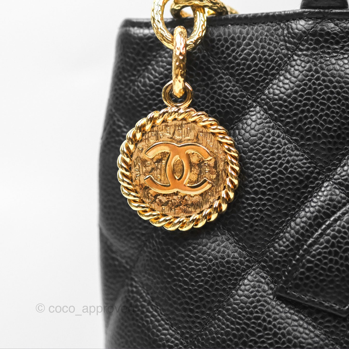 Chanel Vintage Medallion CC Black Caviar Tote Bag Gold Hardware